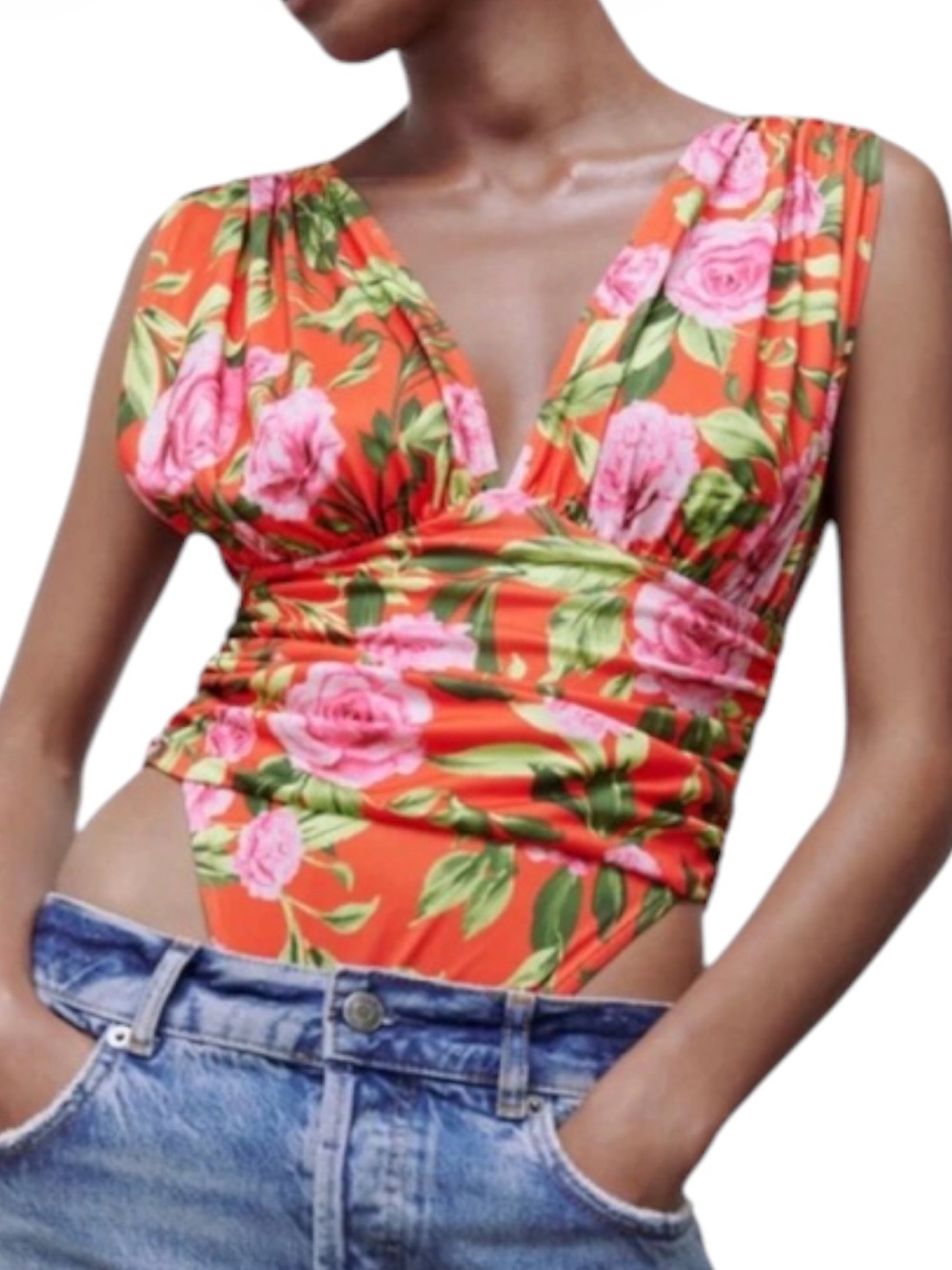 Zara Draped Deep V Neck Red/Orange Pink Rose Design Bodysuit Size Medium